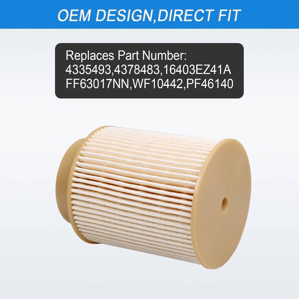 Beige fuel filter cartridge with pleated paper element and tan end cap