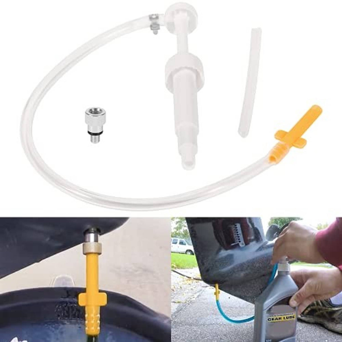 Marine gear lube pump kit with clear suction hose, white hand pump, yellow spout, metal fitting