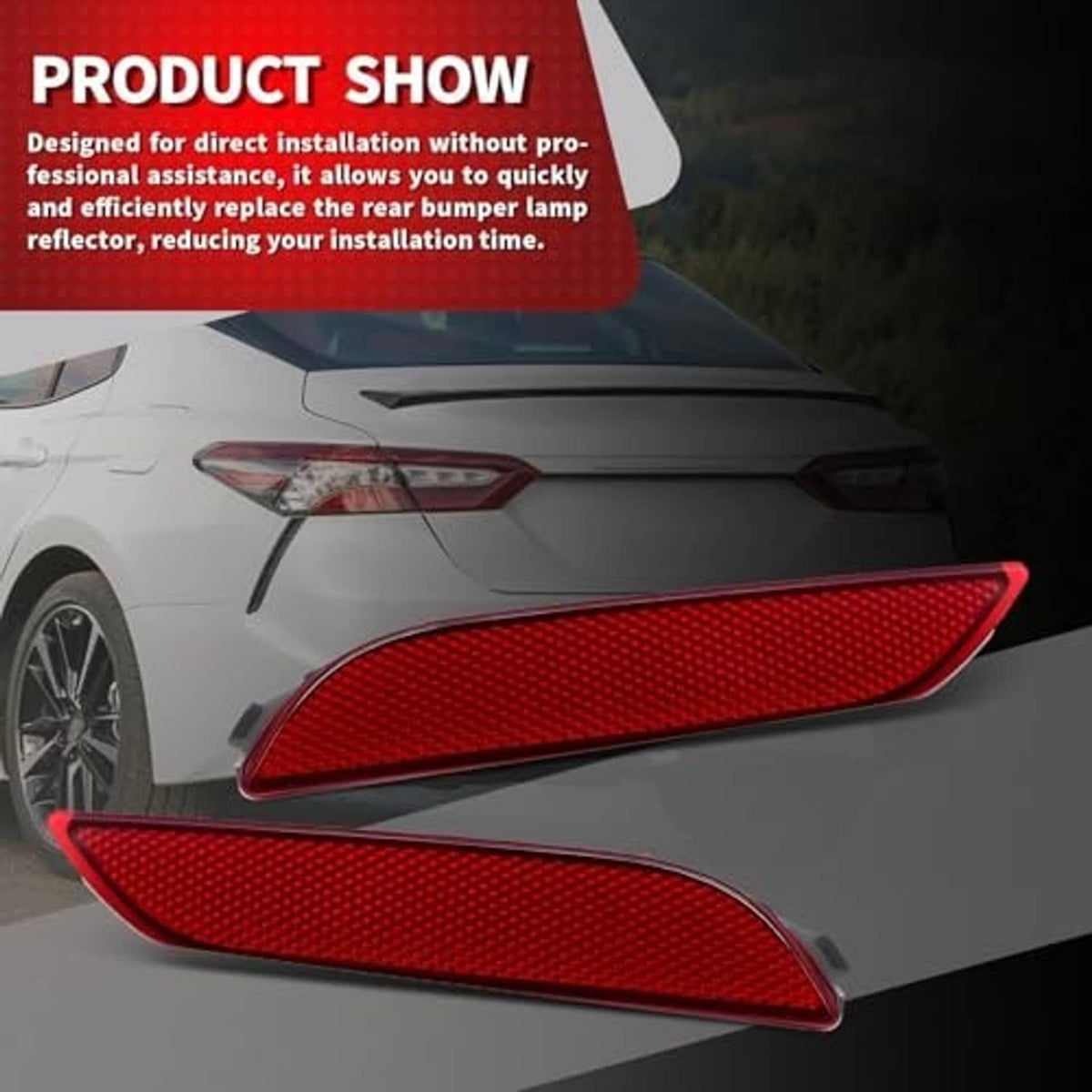 Red rear bumper reflector lights on a car rear bumper, left and right