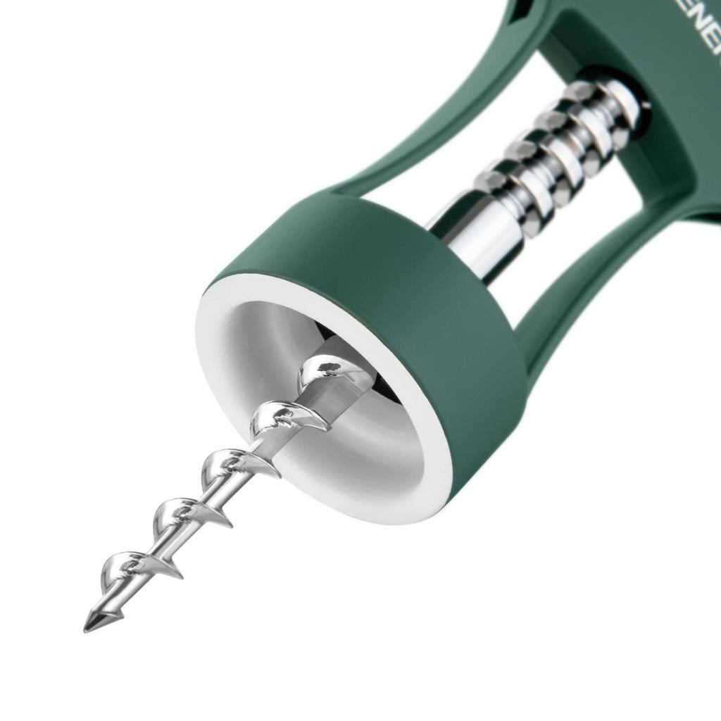 Dark green wing corkscrew bottle opener with spiral worm and chrome base