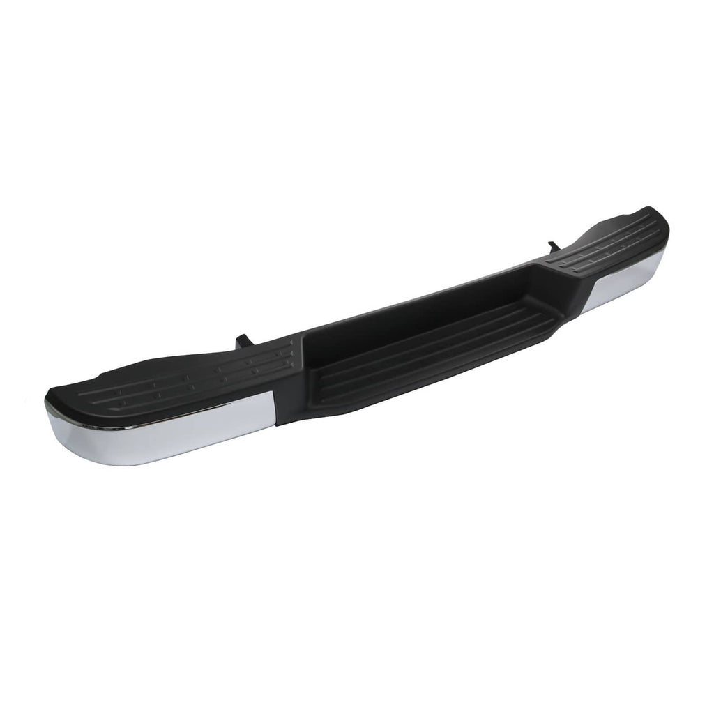 Rear bumper assembly with black center section and silver outer trim, angled view