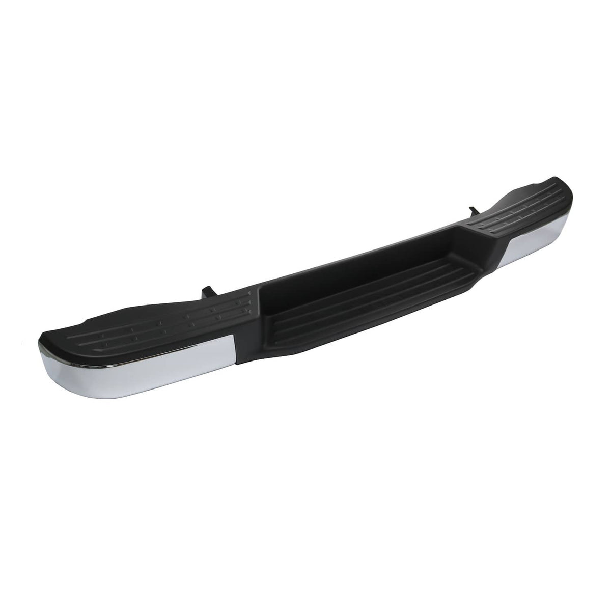 Rear bumper assembly with black center section and silver outer trim, angled view