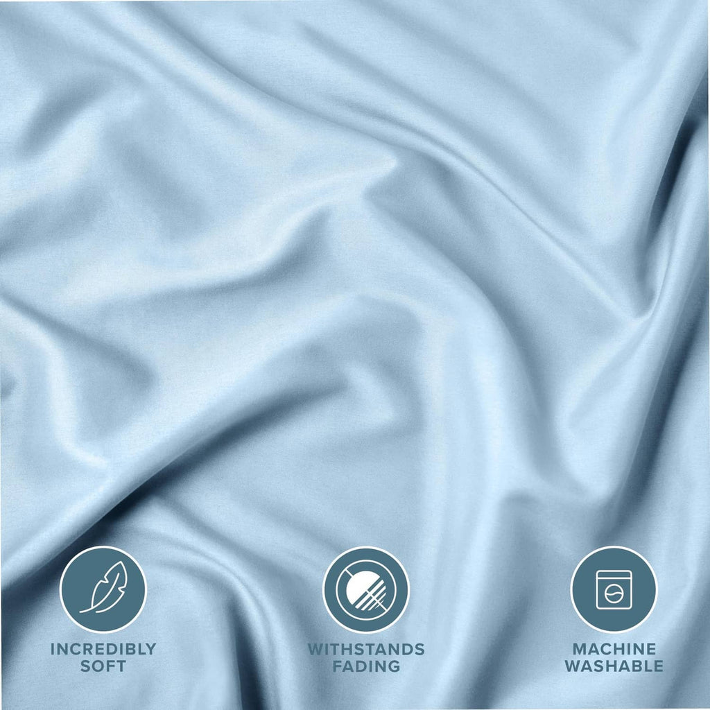 Light blue microfiber pillow sham fabric with smooth, drapey surface.