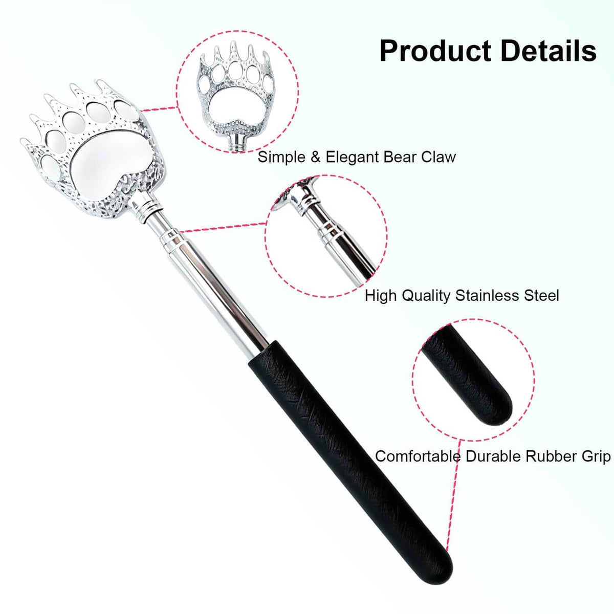 Stainless steel bear claw back scratcher with black rubber grip and claw head