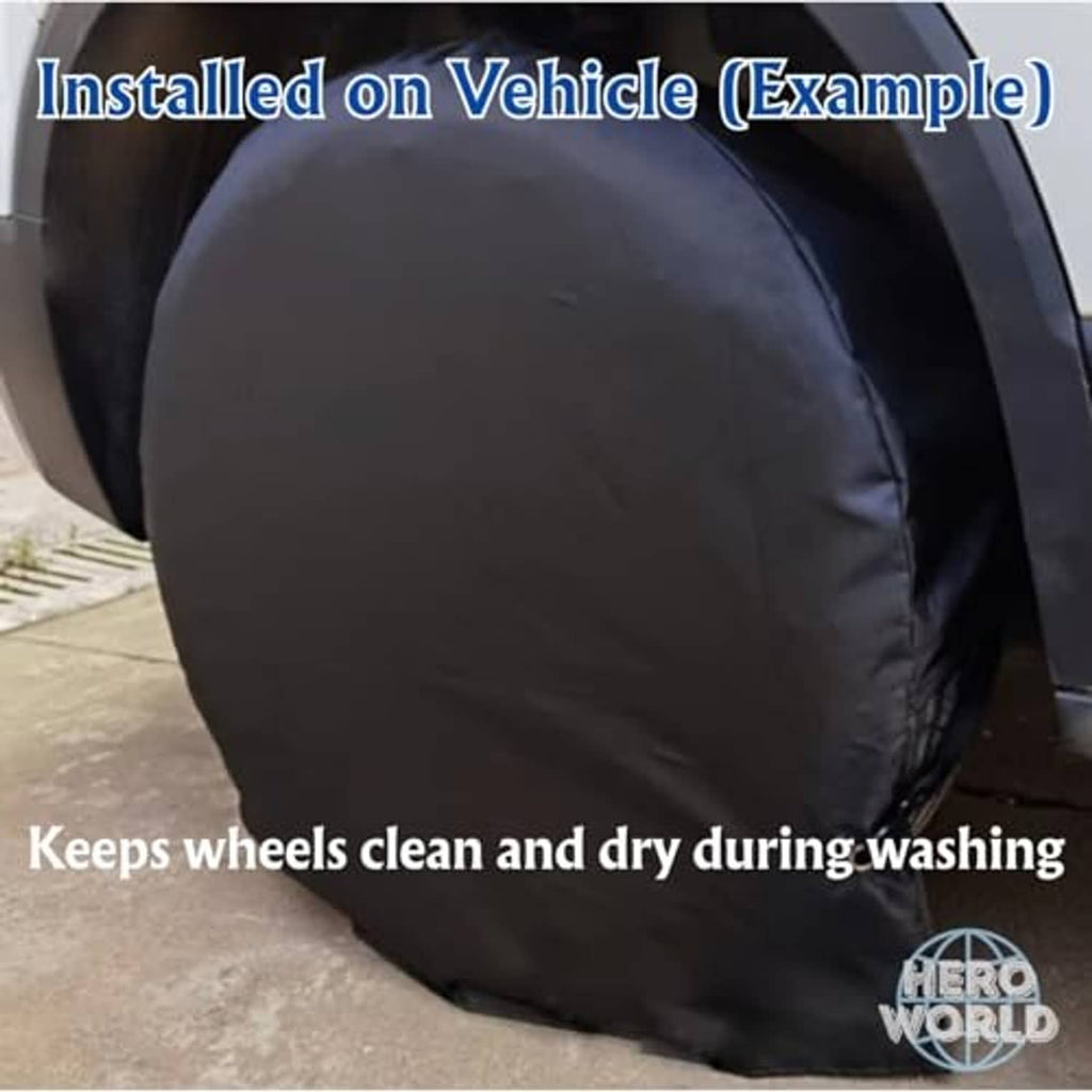 Black installed tire cover on a wheel, with elastic rim and tie points