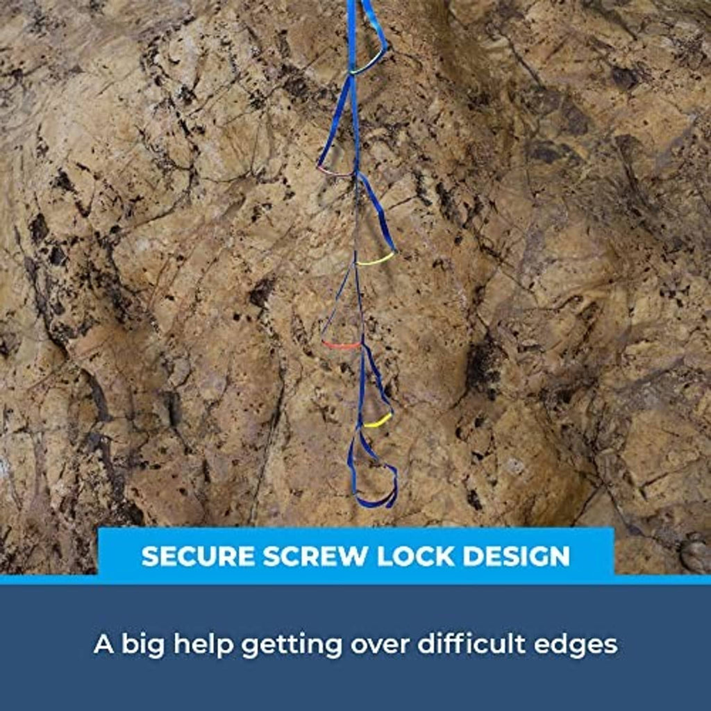 Blue nylon aider ladder with loop steps attached to a rock climbing surface