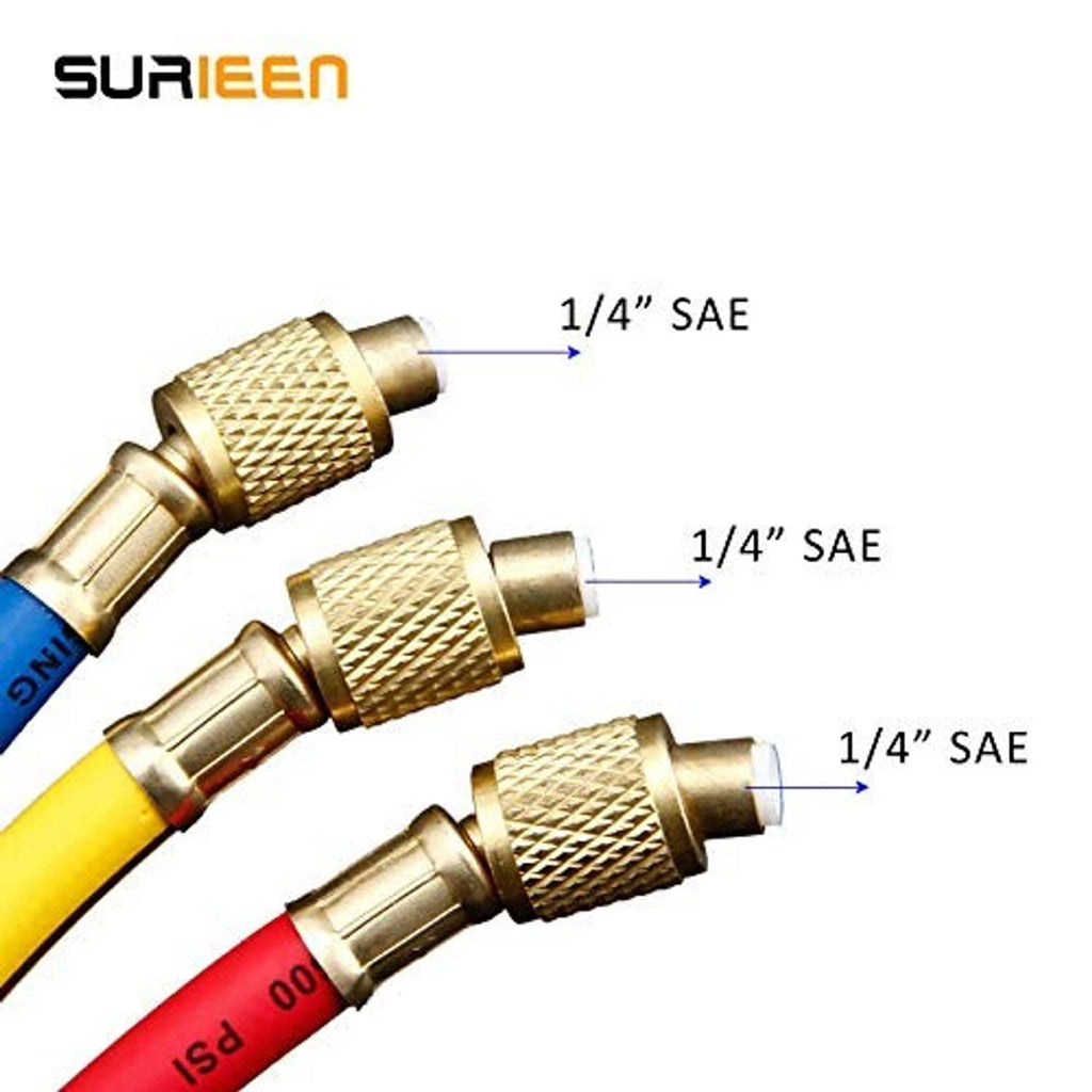 A/C charging hoses with 1/4in SAE brass quick-connect fittings on colored lines