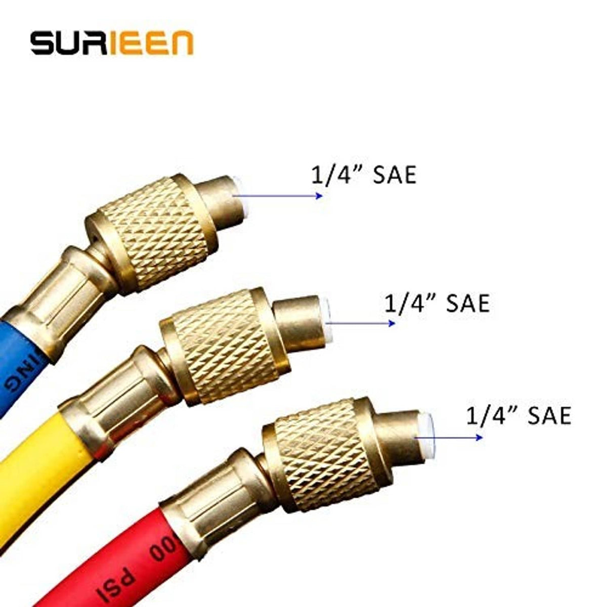 A/C charging hoses with 1/4in SAE brass quick-connect fittings on colored lines
