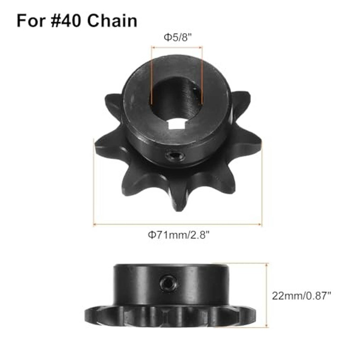 Black #40 chain roller sprocket with center bore and 16-tooth star roller gear