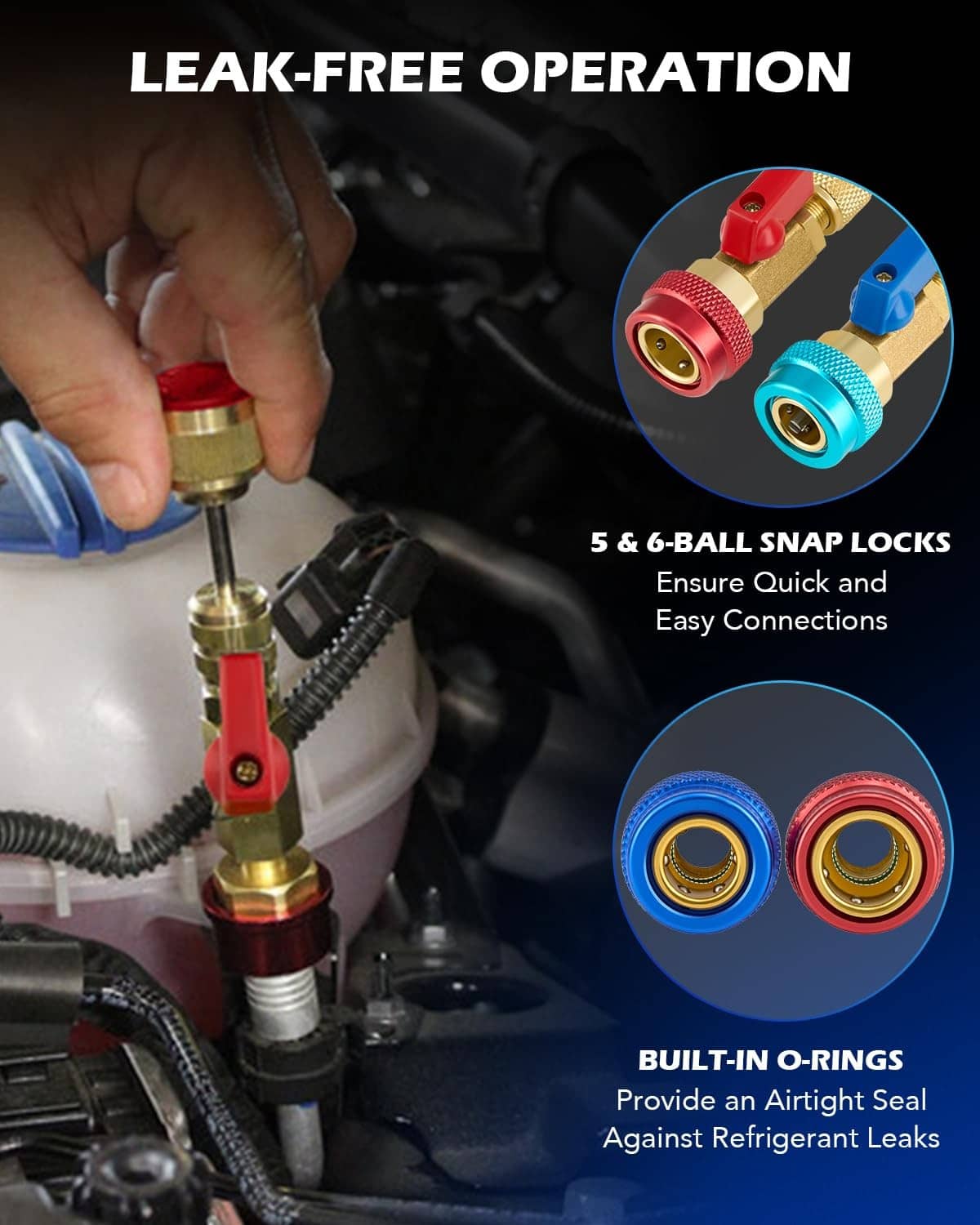 Leak-free AC valve core tool with snap-lock red/blue fittings and built-in O-rings