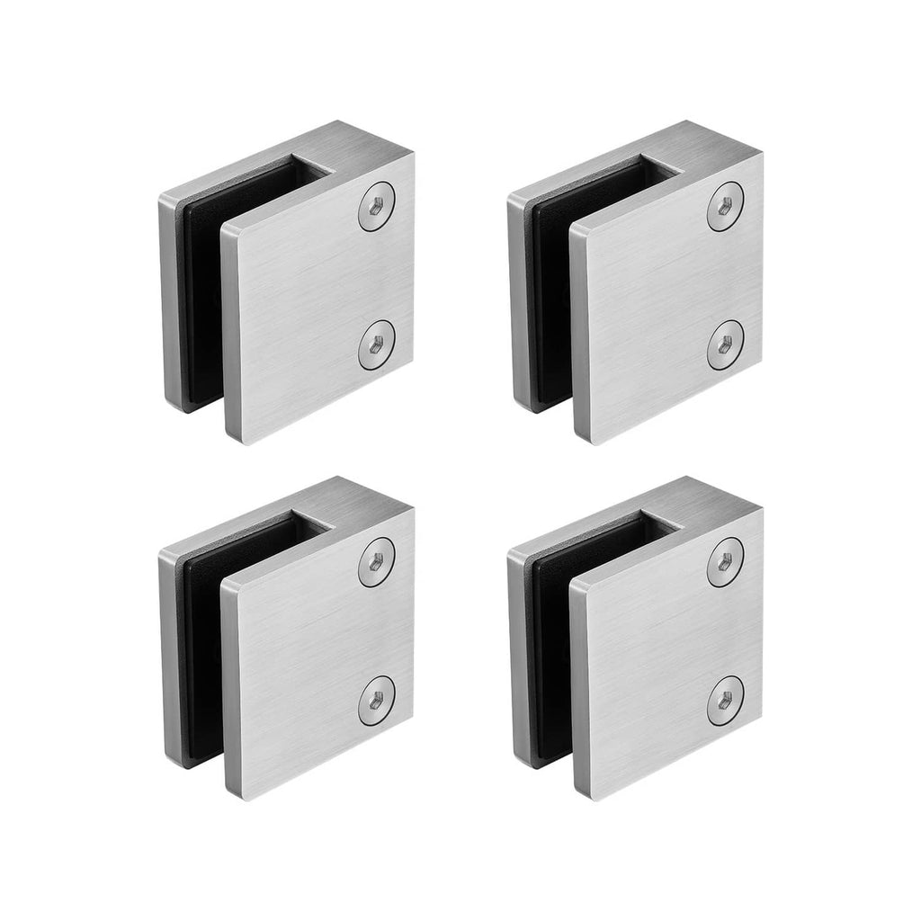 Set of four square glass clamps in brushed silver with black rubber strip pads