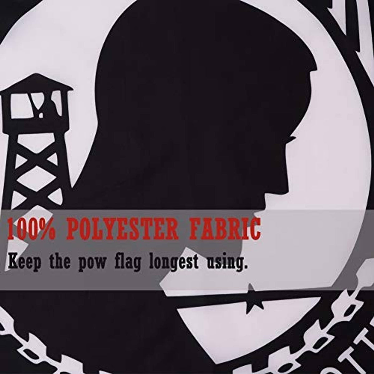 Close-up of black POW-MIA flag design with soldier profile emblem and “You are not forgotten”