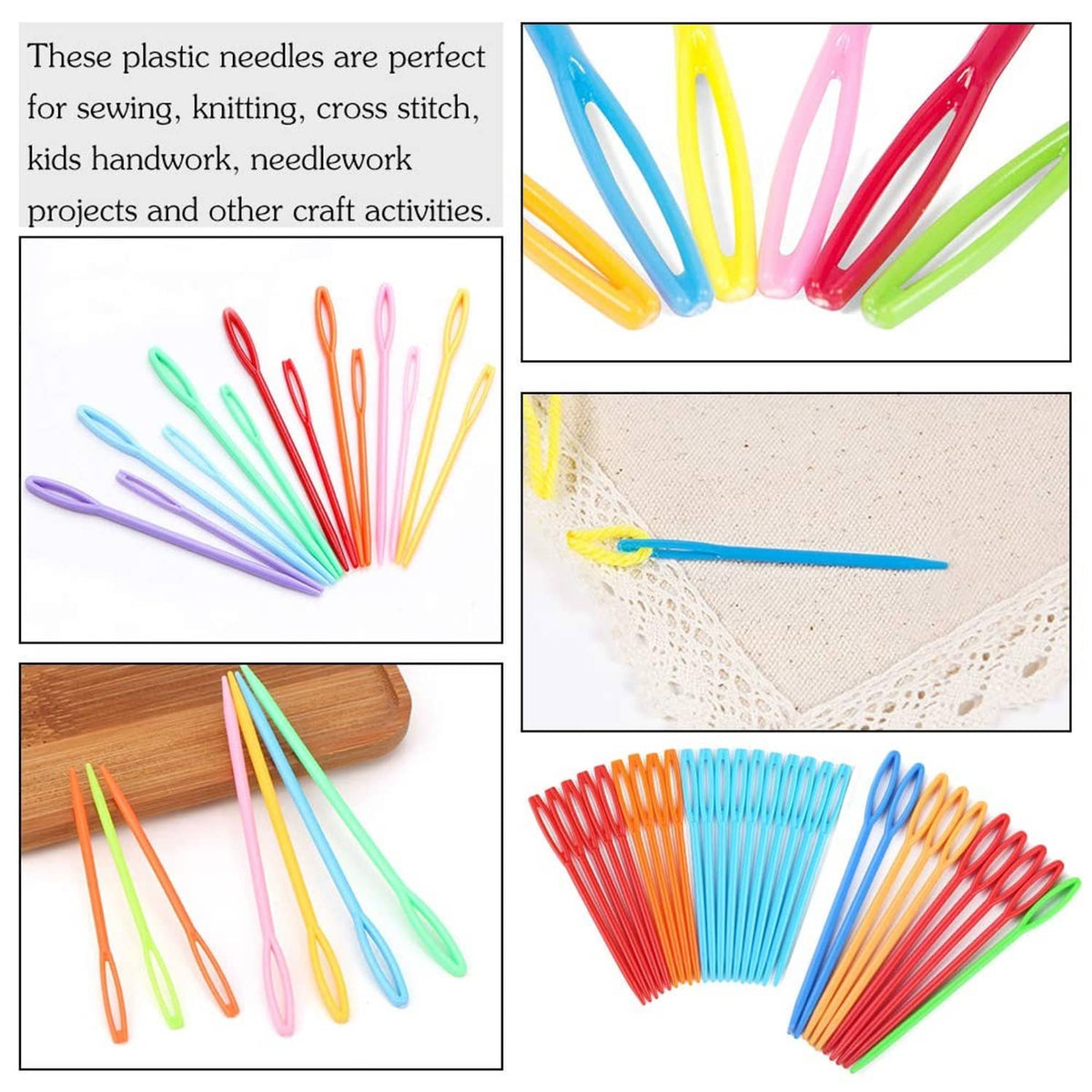 Colorful plastic needles fanned out, assorted sizes for sewing, knitting, and crafts