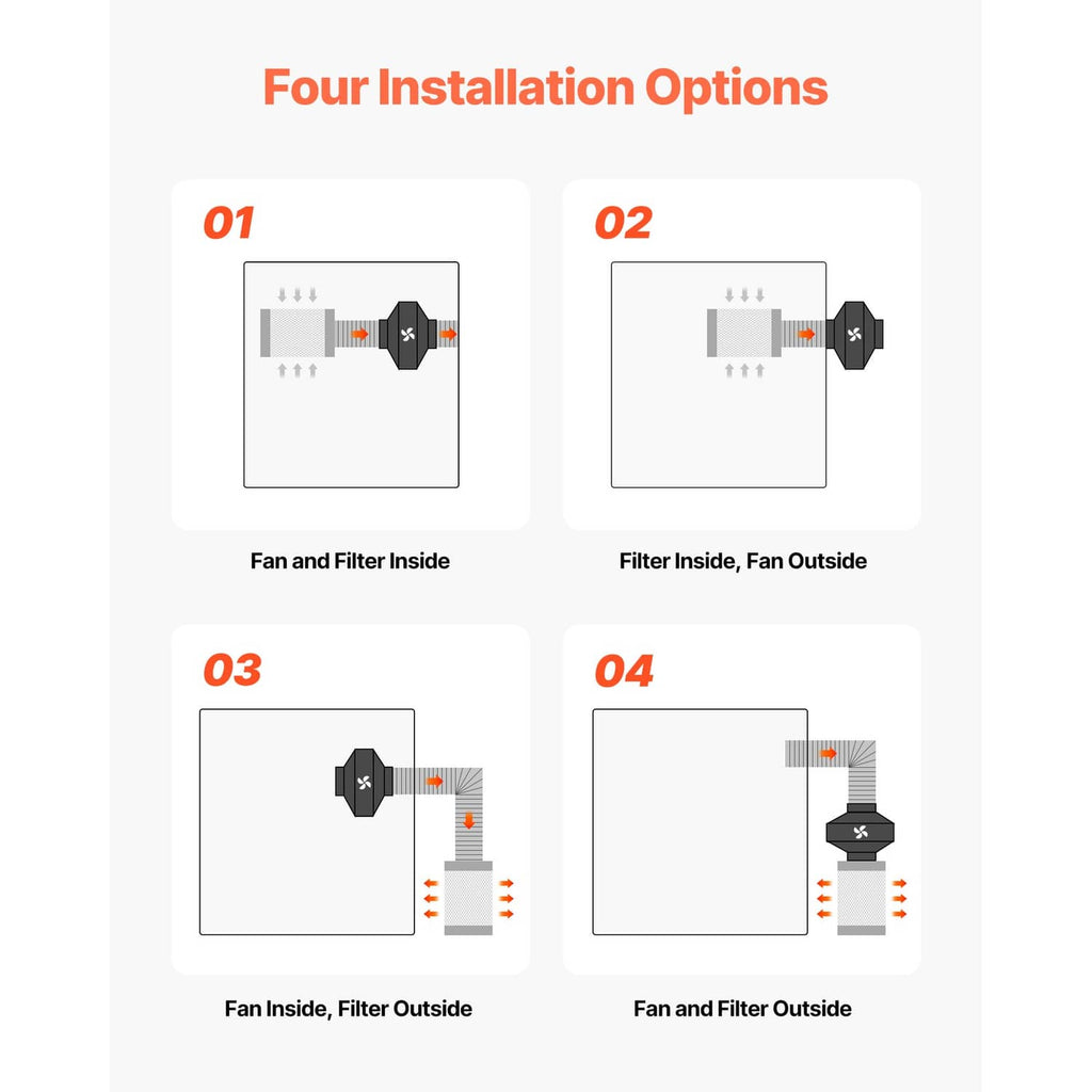 Inline duct fan installation options diagram showing fan and filter inside/outside