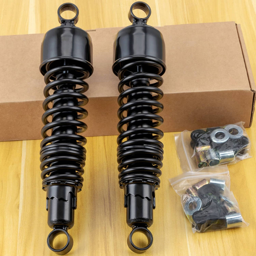 Pair of 13 in black rear shock absorbers with coil springs and top eyelet mounts