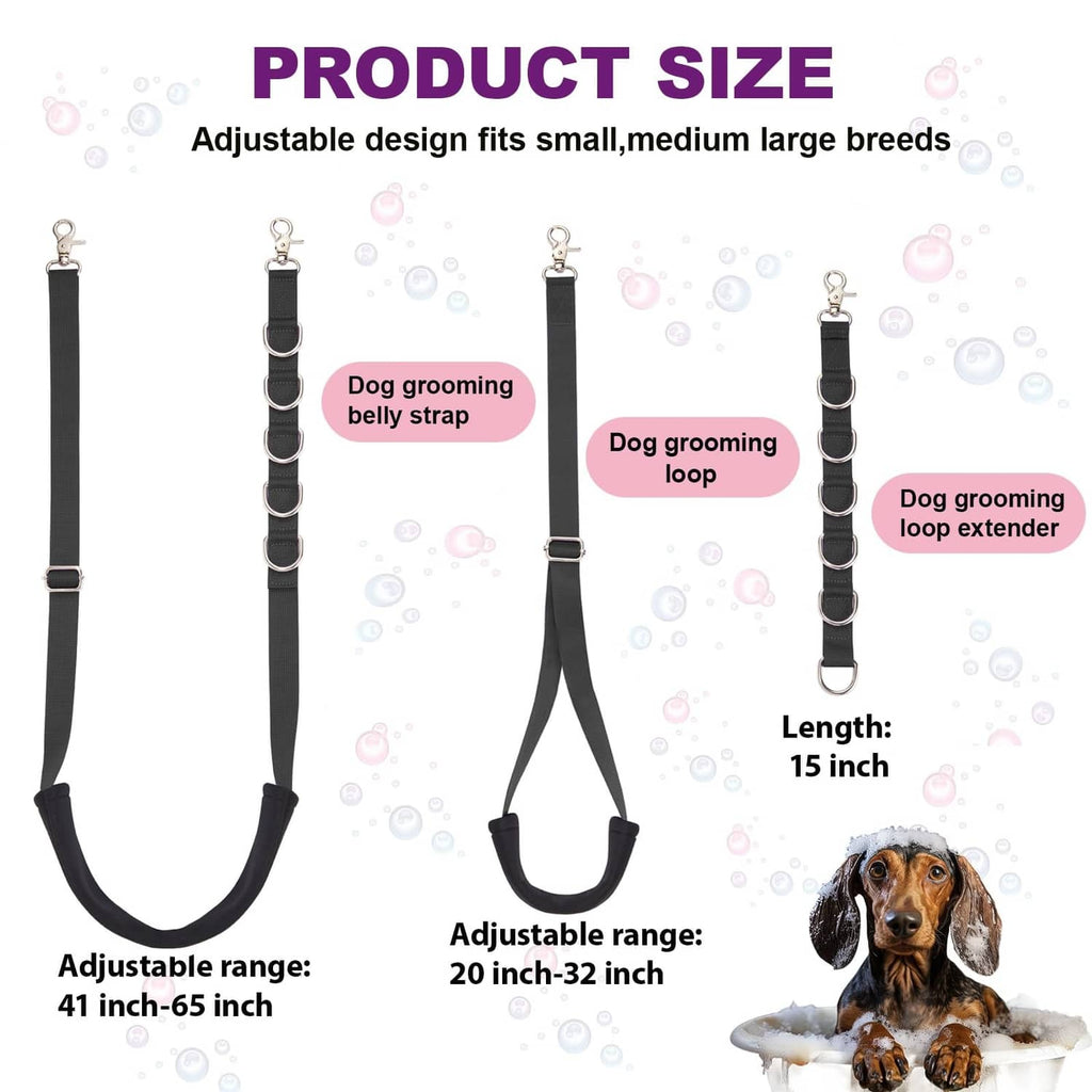 Adjustable dog grooming belly strap set with black straps, loops, and snap hooks