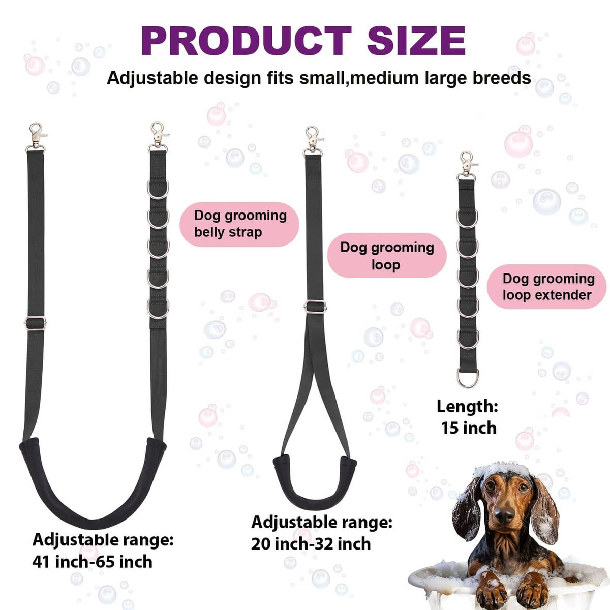 Adjustable dog grooming belly strap set with black straps, loops, and snap hooks