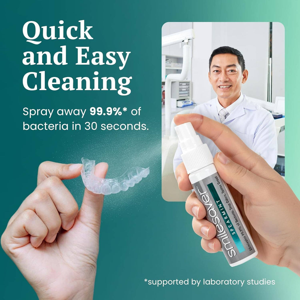 Smilesaver spray cleaner held near a mouth guard for quick cleaning