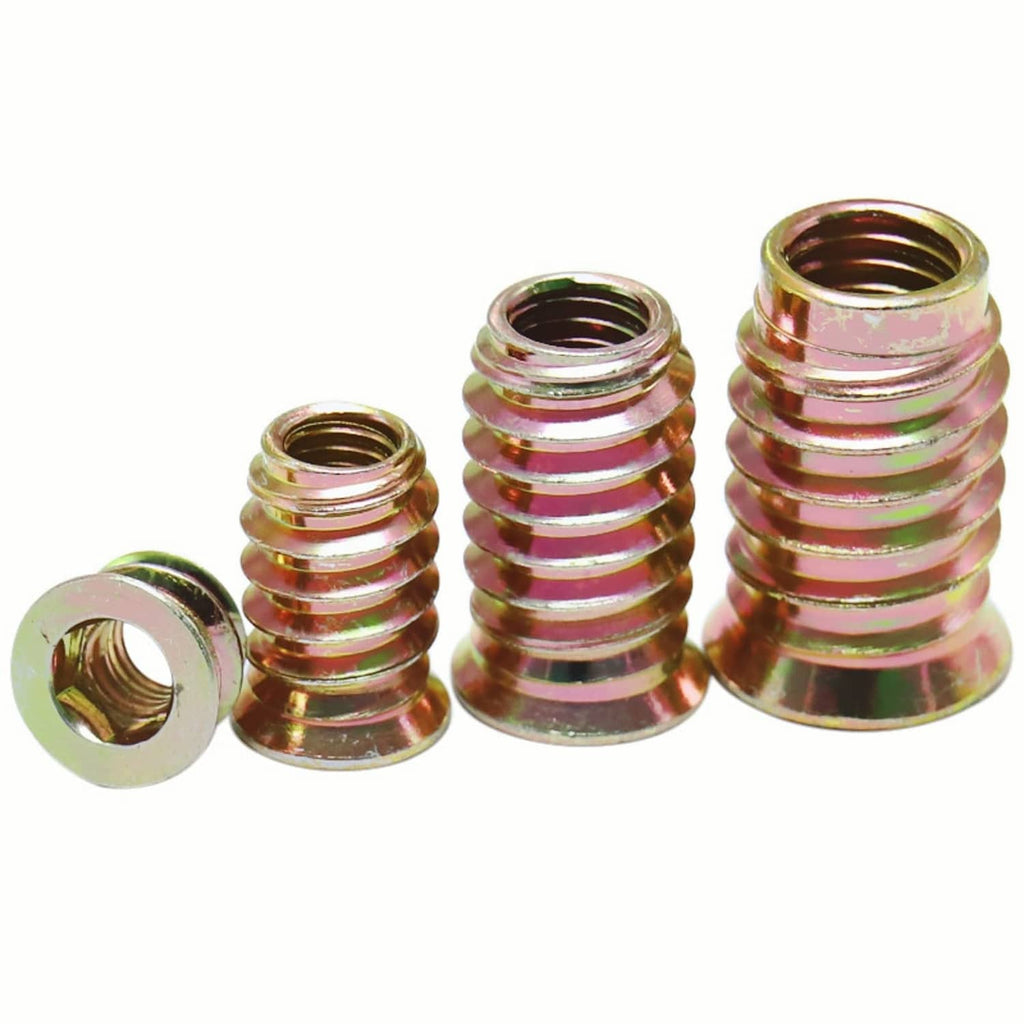 Gold threaded inserts with hex flanges and internal threaded holes, set of multiple sizes