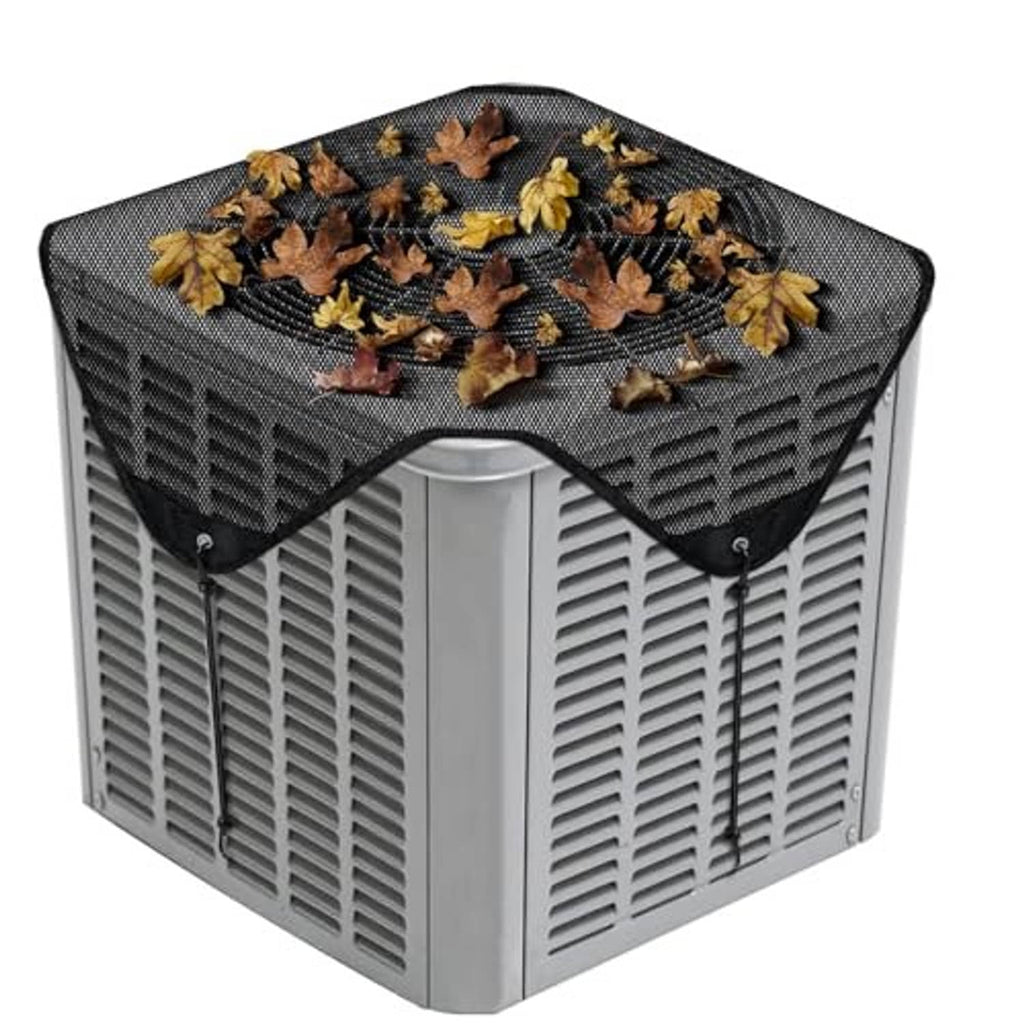Universal outdoor AC cover in black mesh with corner hooks and securing straps