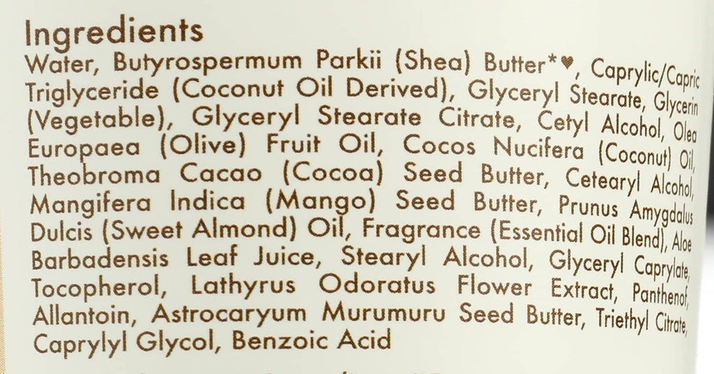 Close-up of baby lotion ingredient list text on container