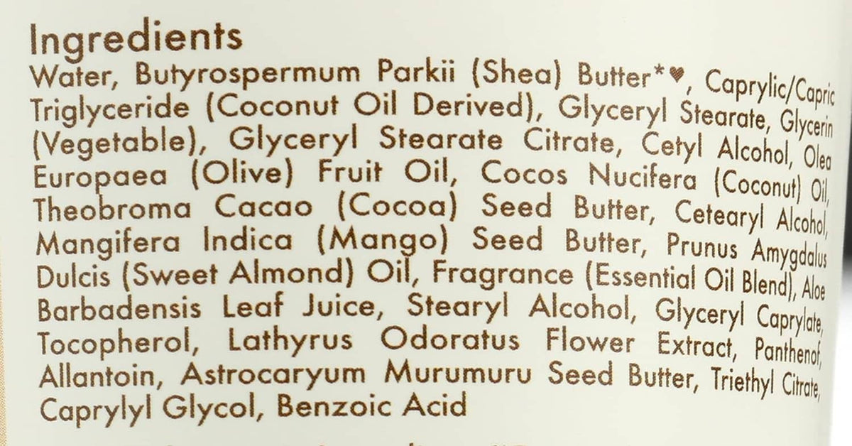 Close-up of baby lotion ingredient list text on container