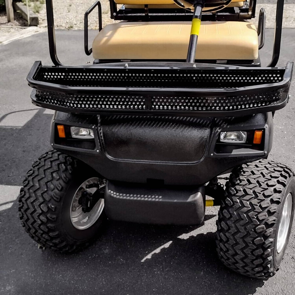 Black perforated front basket mounted on golf cart front frame