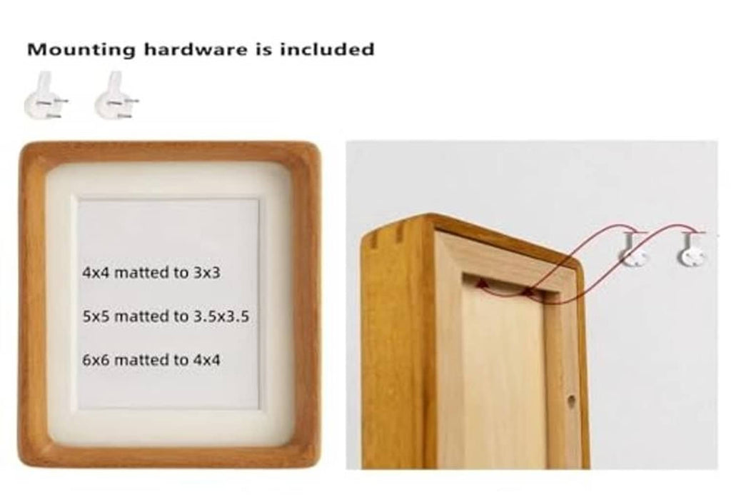 Teak wood picture frame with mounting hardware, white mat insert, clear front