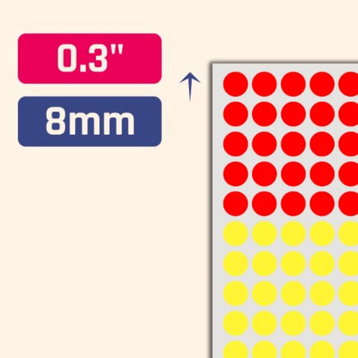 Colored dot stickers with 0.3 in (8 mm) round dots, self-adhesive labels