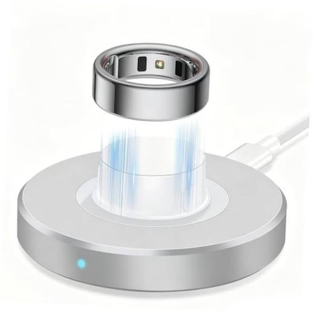 Metal fast-charging dock with ring holder cradle, circular base and indicator light