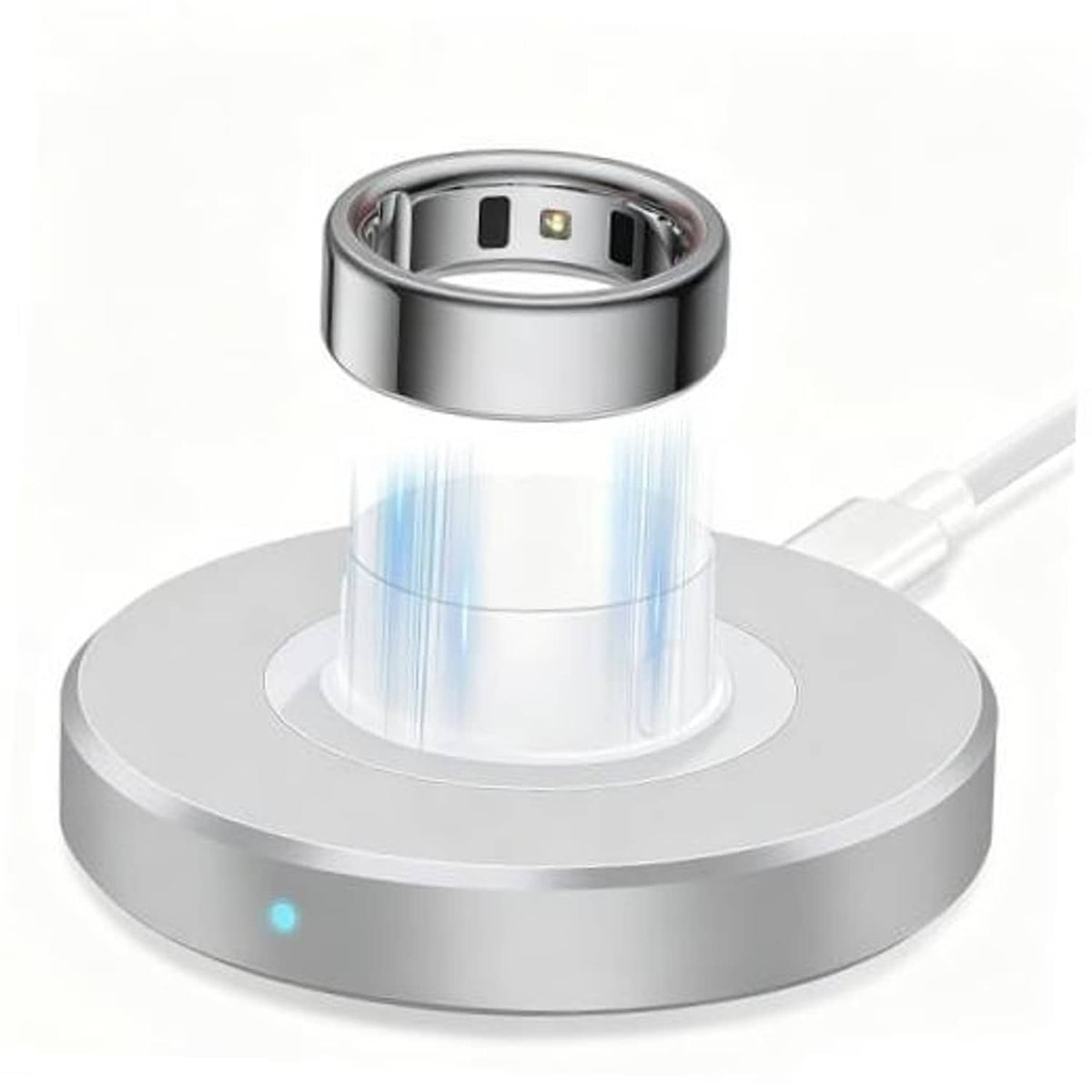 Metal fast-charging dock with ring holder cradle, circular base and indicator light