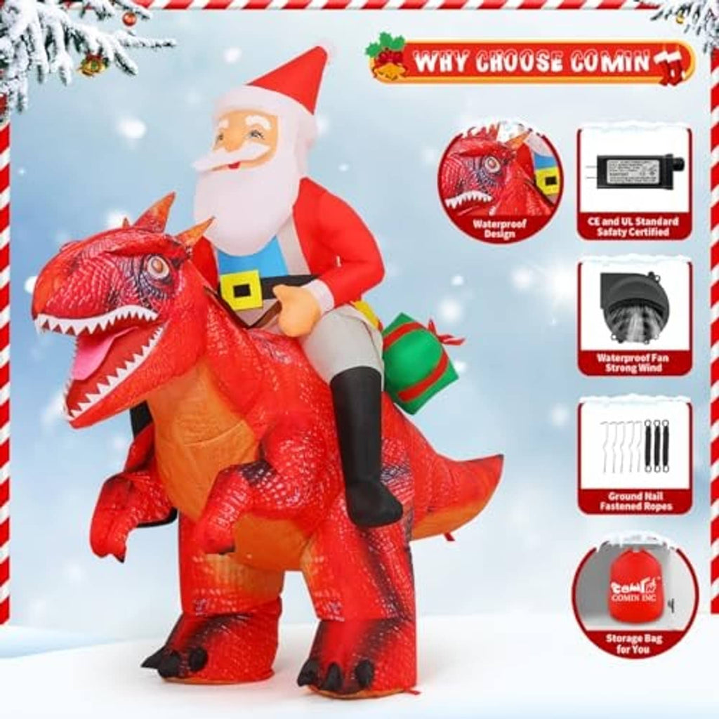 Inflatable Santa riding a red dinosaur, white beard, red suit, inflatable yard decor