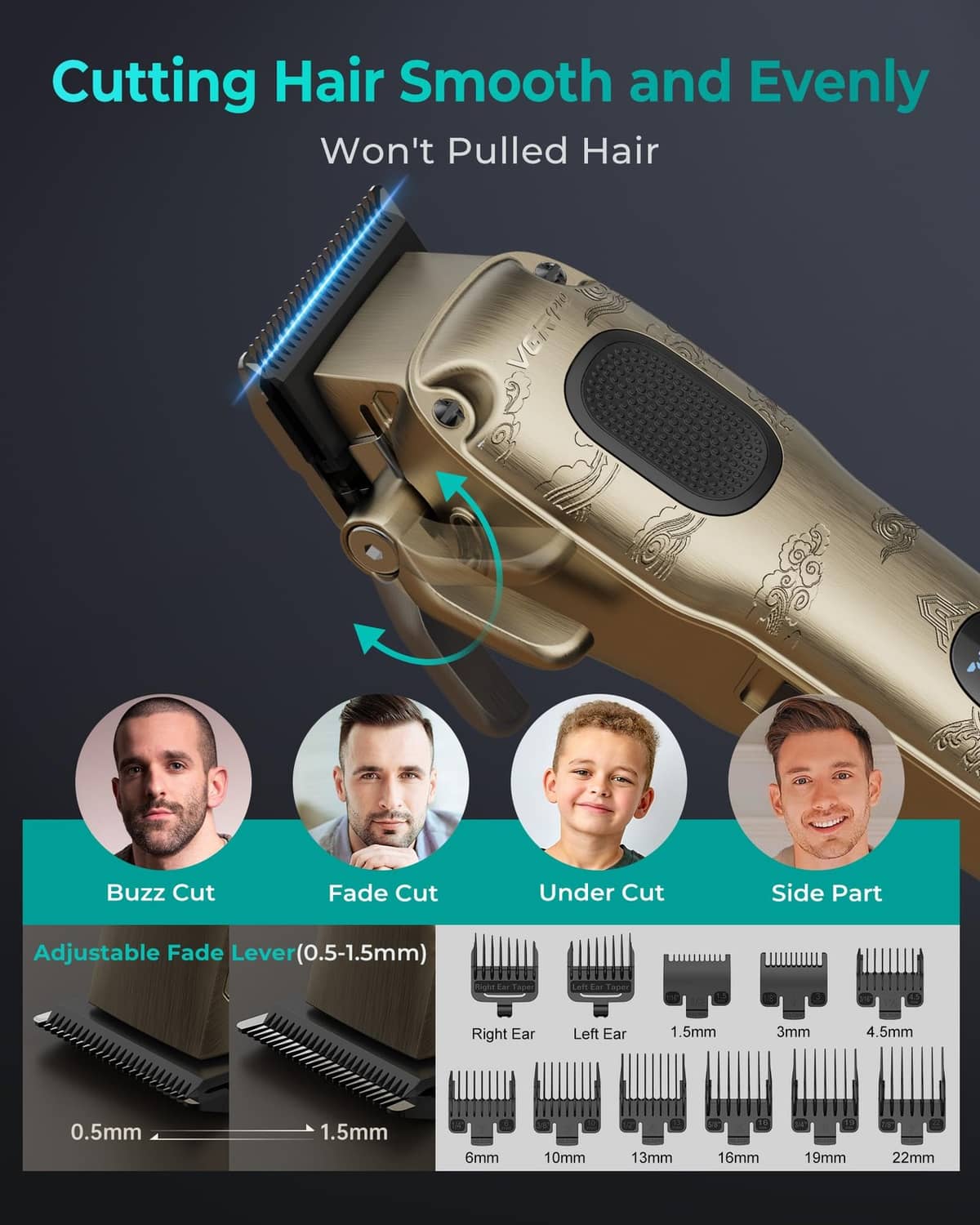 Gold cordless hair clipper with adjustable fade lever and display