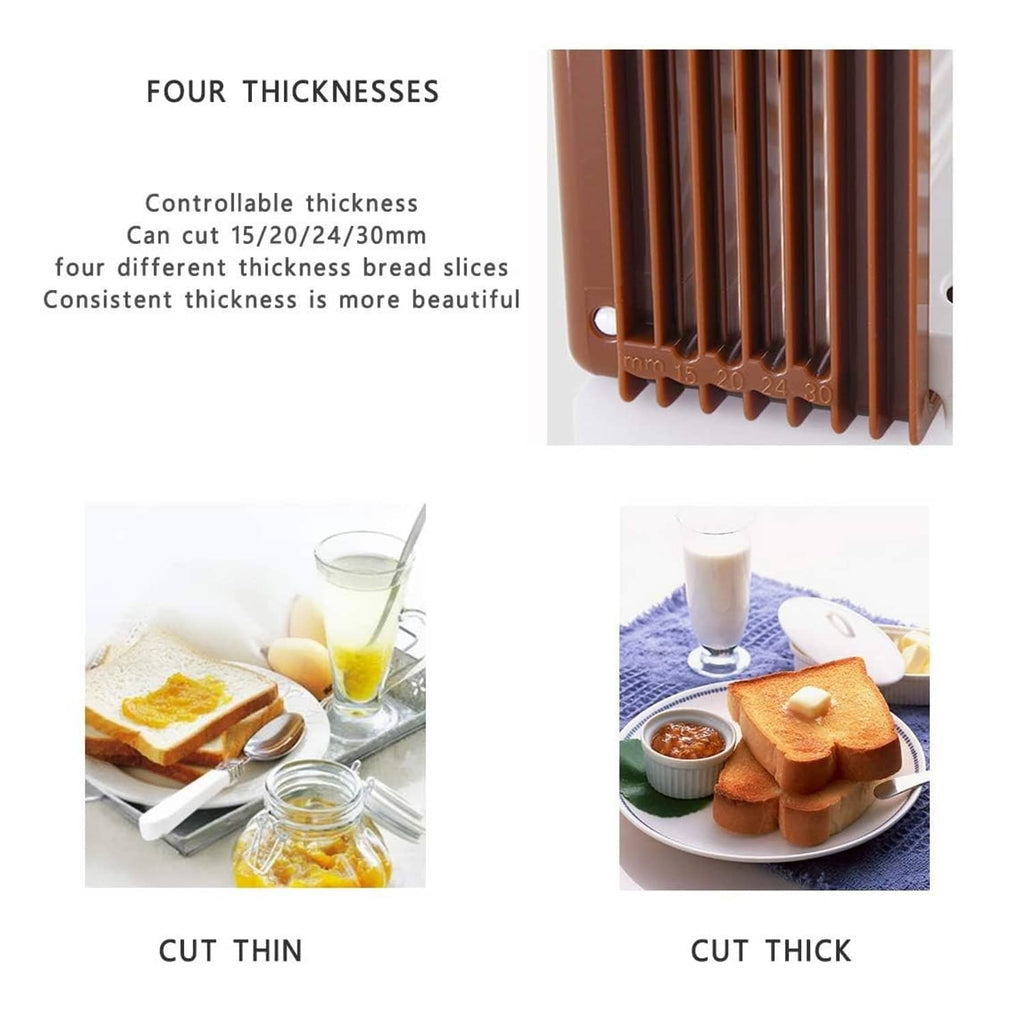 Brown bread slicer guide showing adjustable cut thickness positions and tray slots
