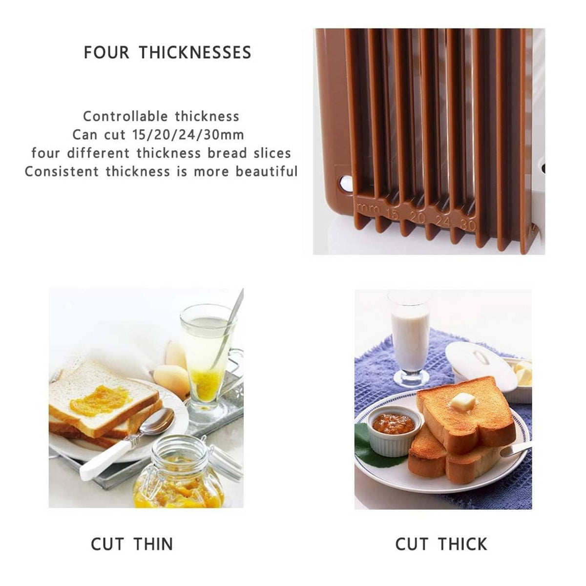 Brown bread slicer guide showing adjustable cut thickness positions and tray slots