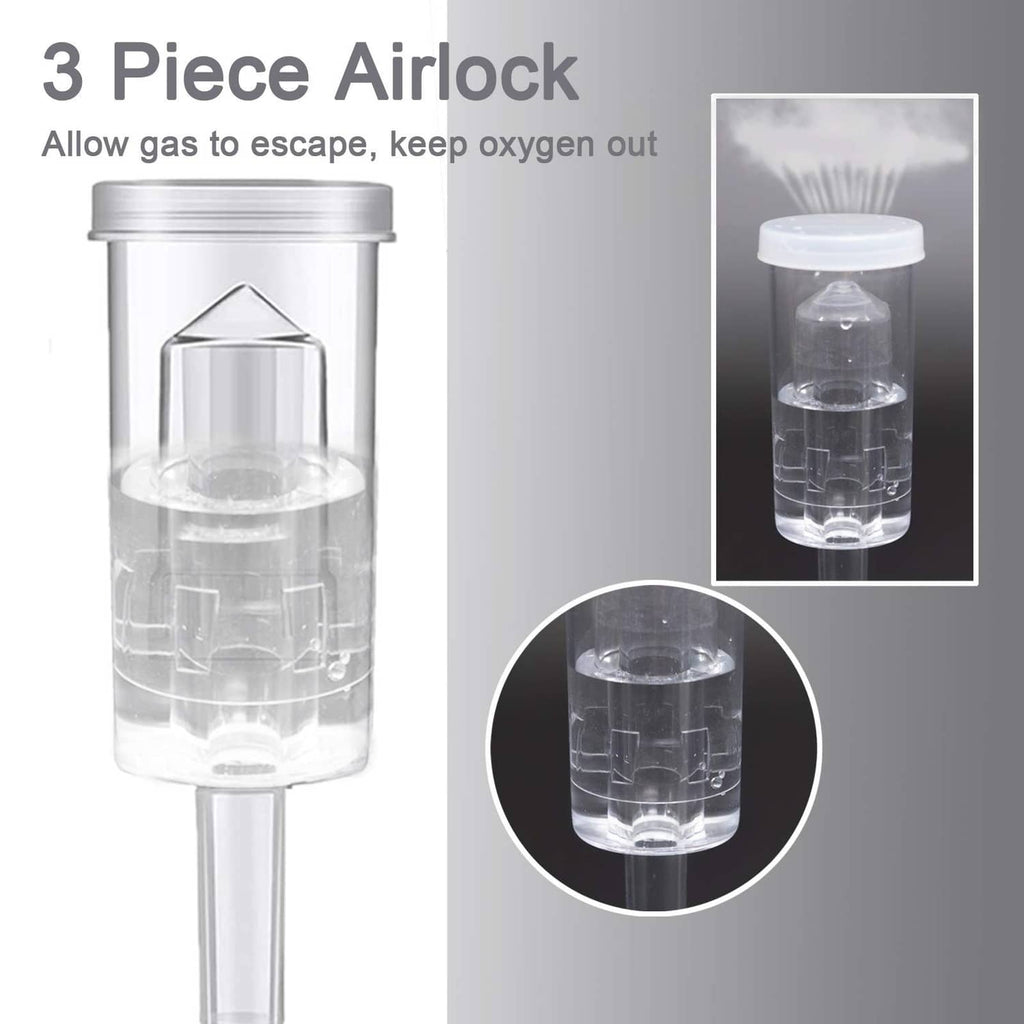 Three-piece clear fermentation airlock set with cylindrical chambers and tube