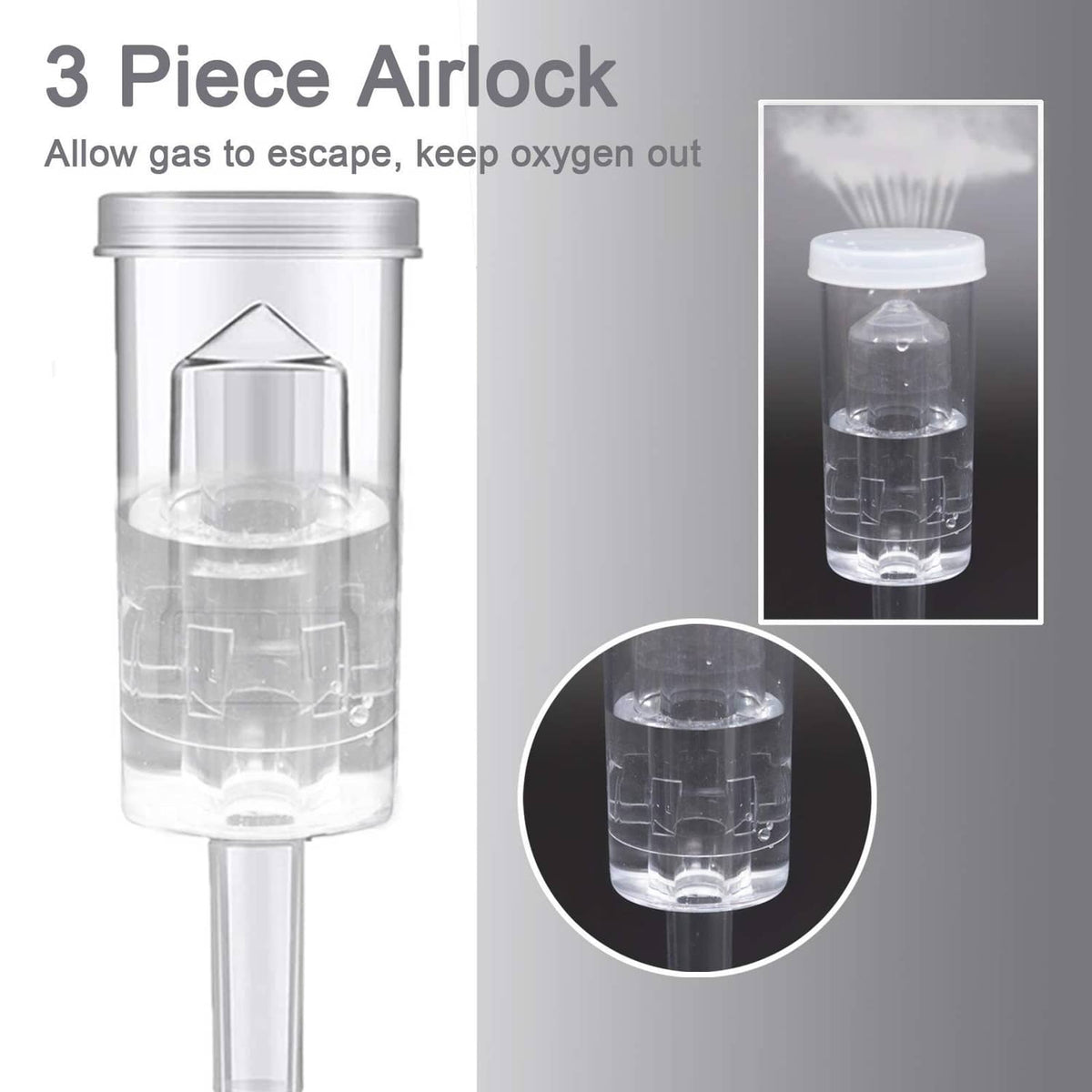 Three-piece clear fermentation airlock set with cylindrical chambers and tube