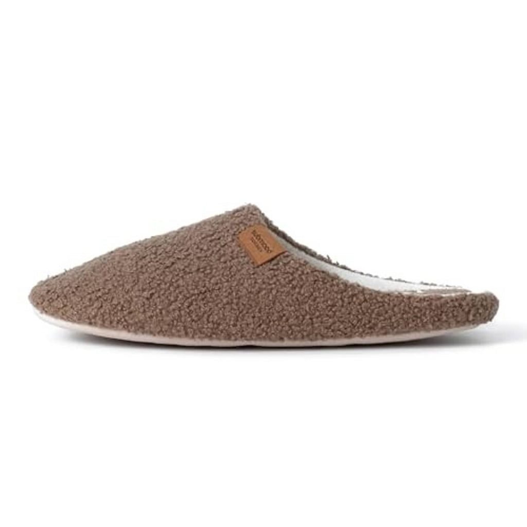 Brown sherpa-style slip-on slipper with white trim and logo patch