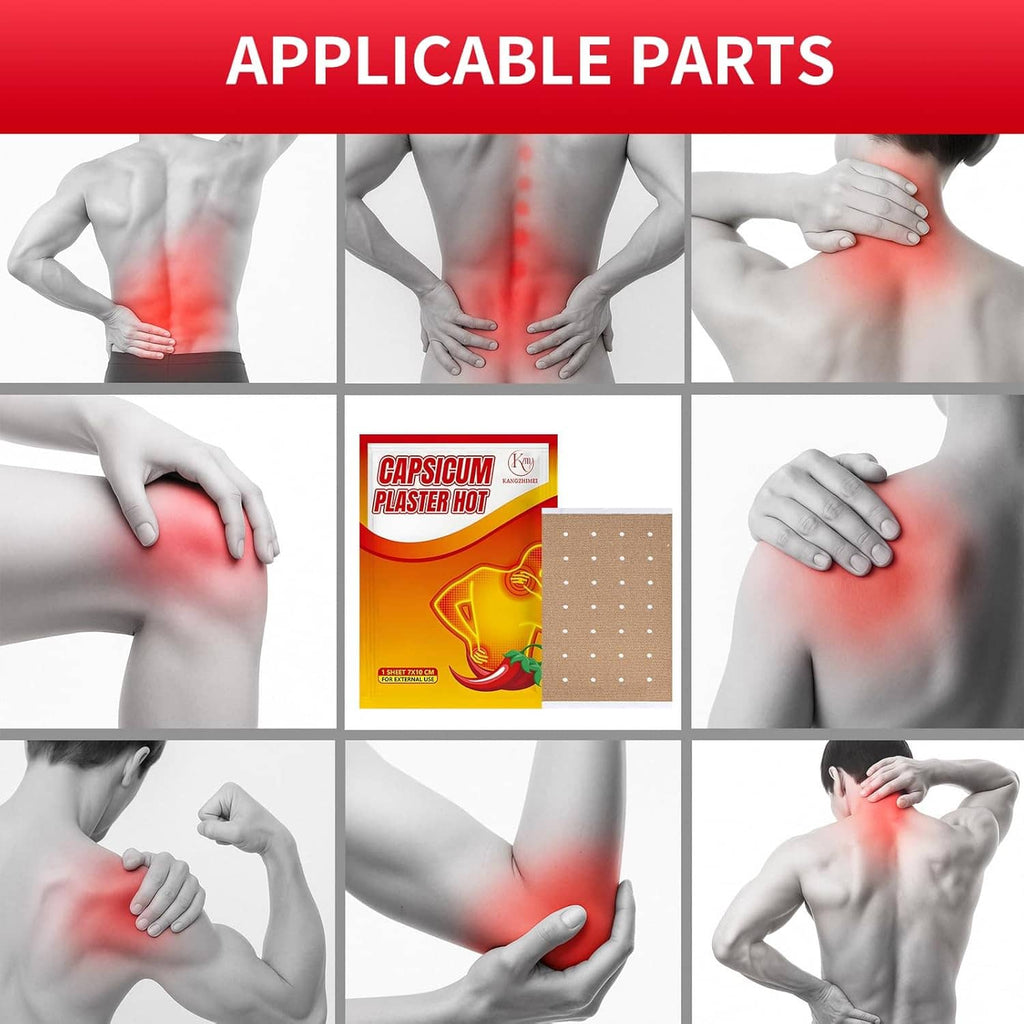 Capsicum hot patch shown on back and shoulder areas; beige square patch visible