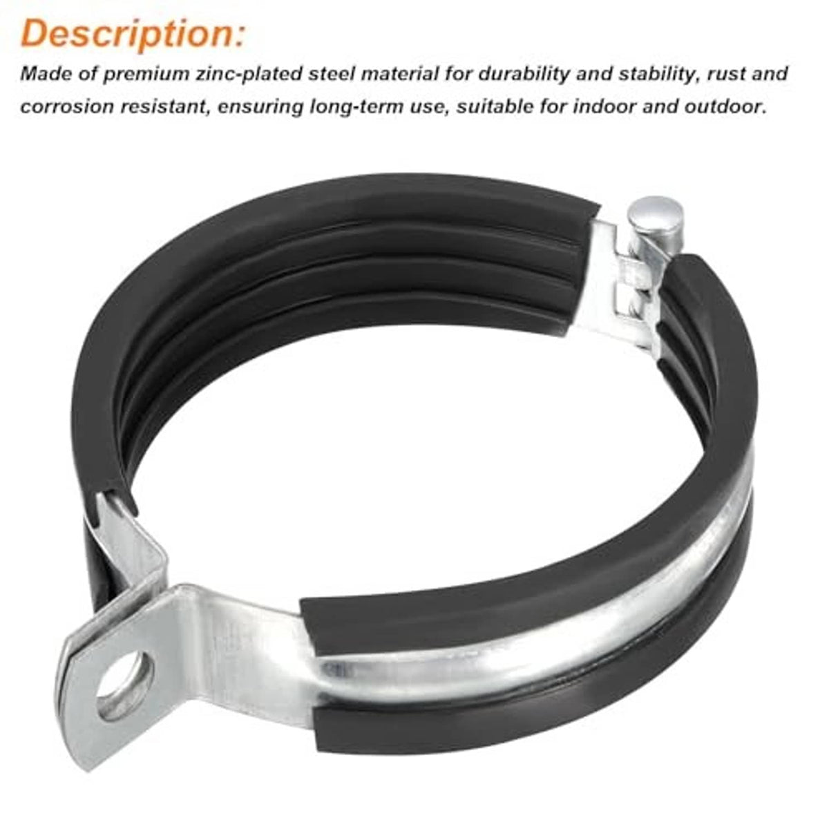 Split ring pipe strap clamp with black rubber lining and silver mounting plate