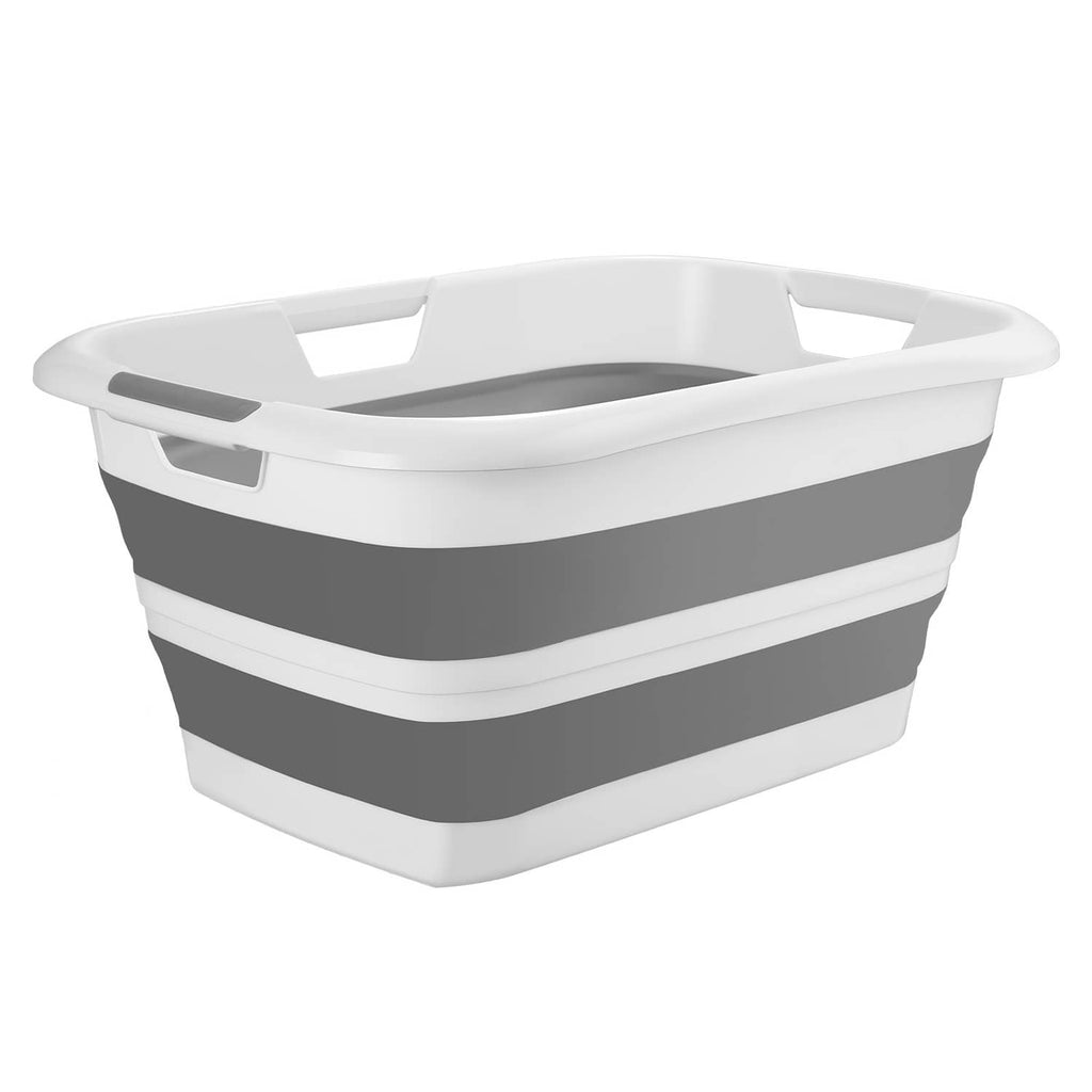 Gray and white collapsible pet bath tub with wide top and side handles