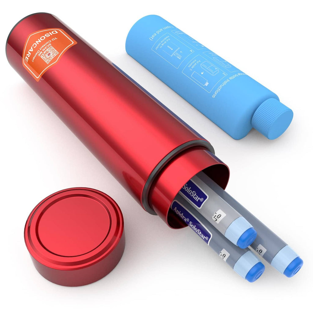 Red cylindrical insulin pen cooler travel case with blue cap and snap lid