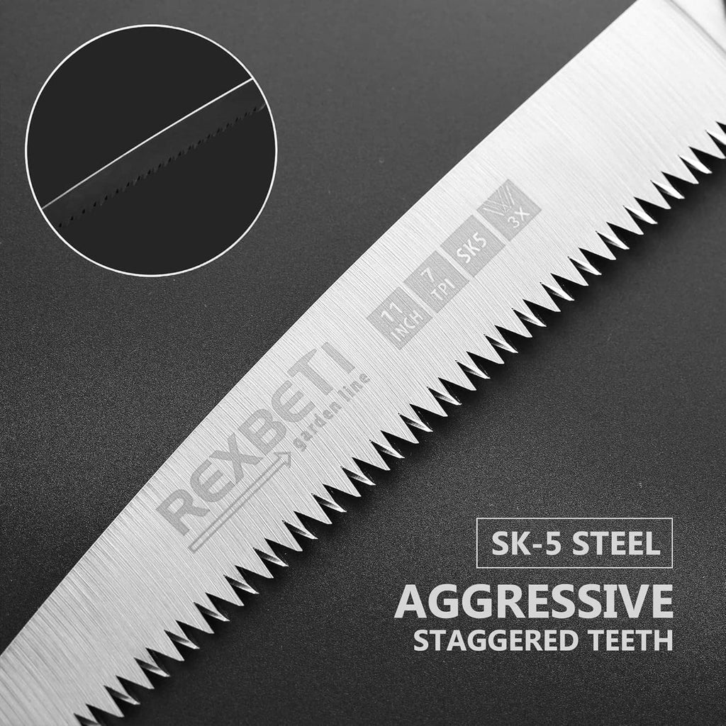 Close-up of SK5 steel folding saw blade with aggressive staggered teeth