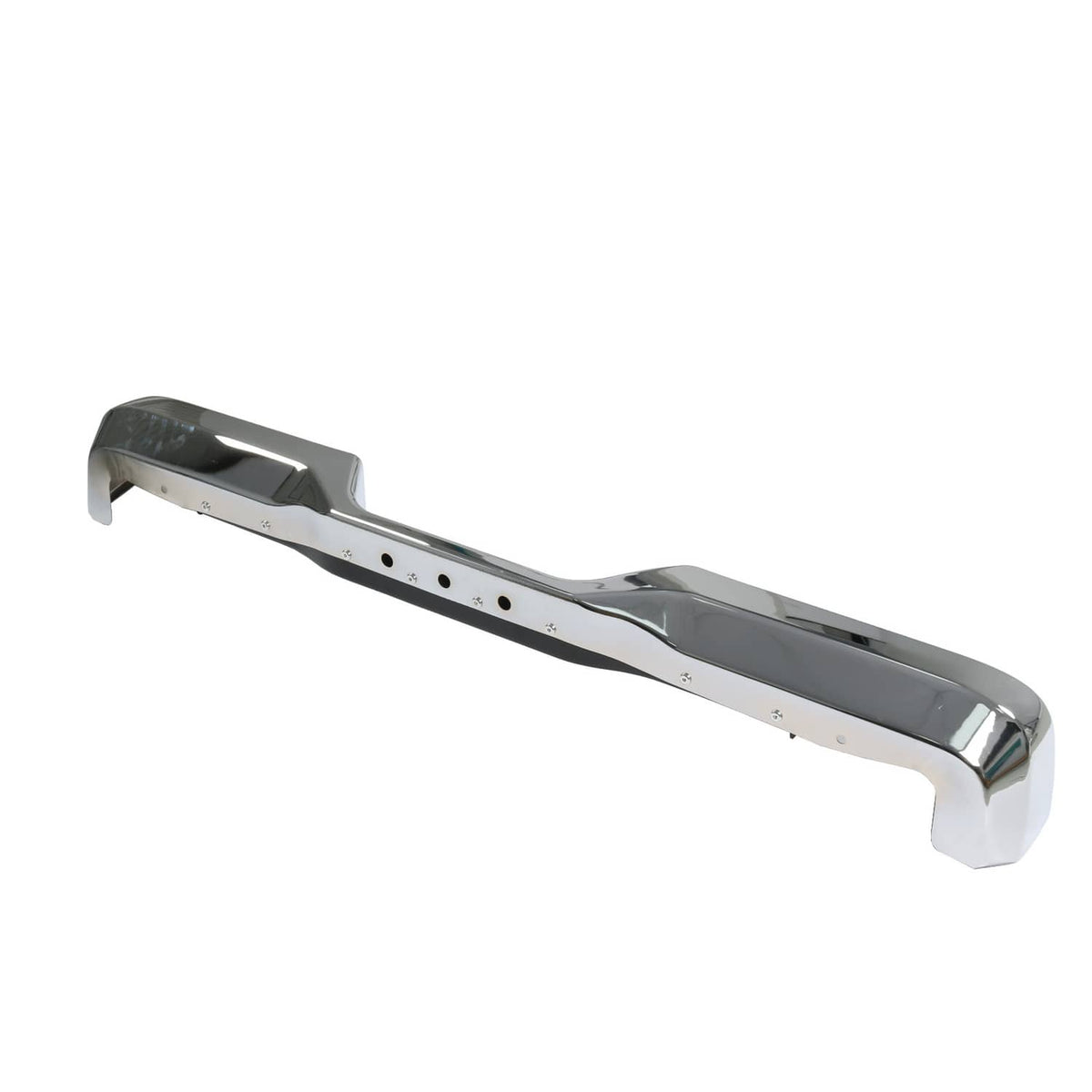 Rear step bumper face bar, chrome with black center strip and drilled holes