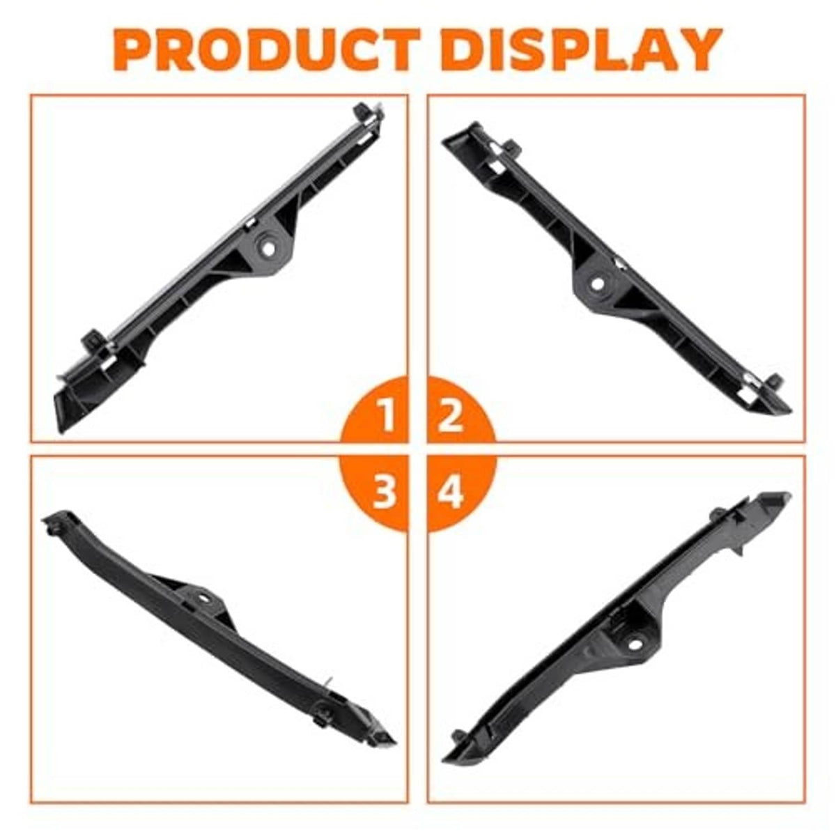 Set of front bumper retainer brackets, black plastic shown from multiple angles