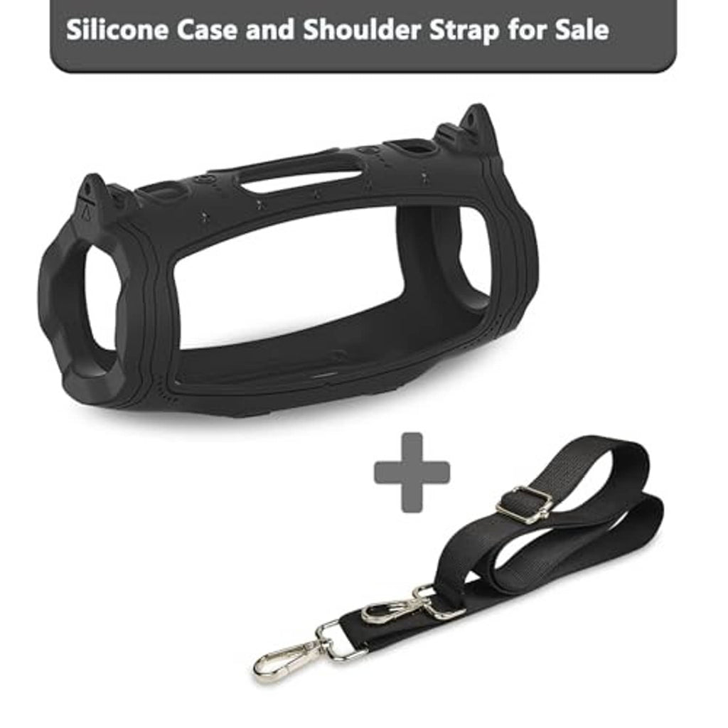 Black silicone speaker case and adjustable shoulder strap, snap-on protective frame