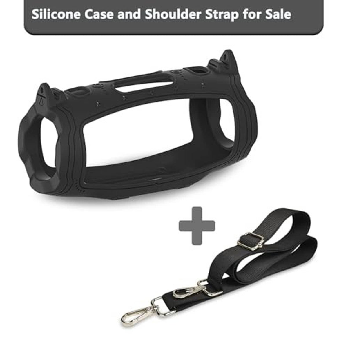 Black silicone speaker case and adjustable shoulder strap, snap-on protective frame