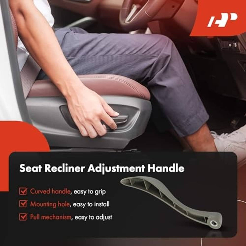Seat adjustment handle in use on car seat armrest area, light gray lever