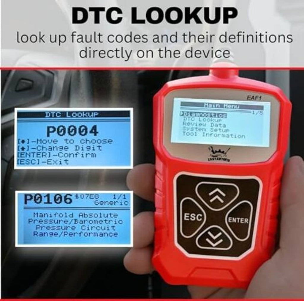 Red EAF1 OBD2 scanner showing DTC Lookup on LCD, with ESC/Enter buttons and OBD plug.