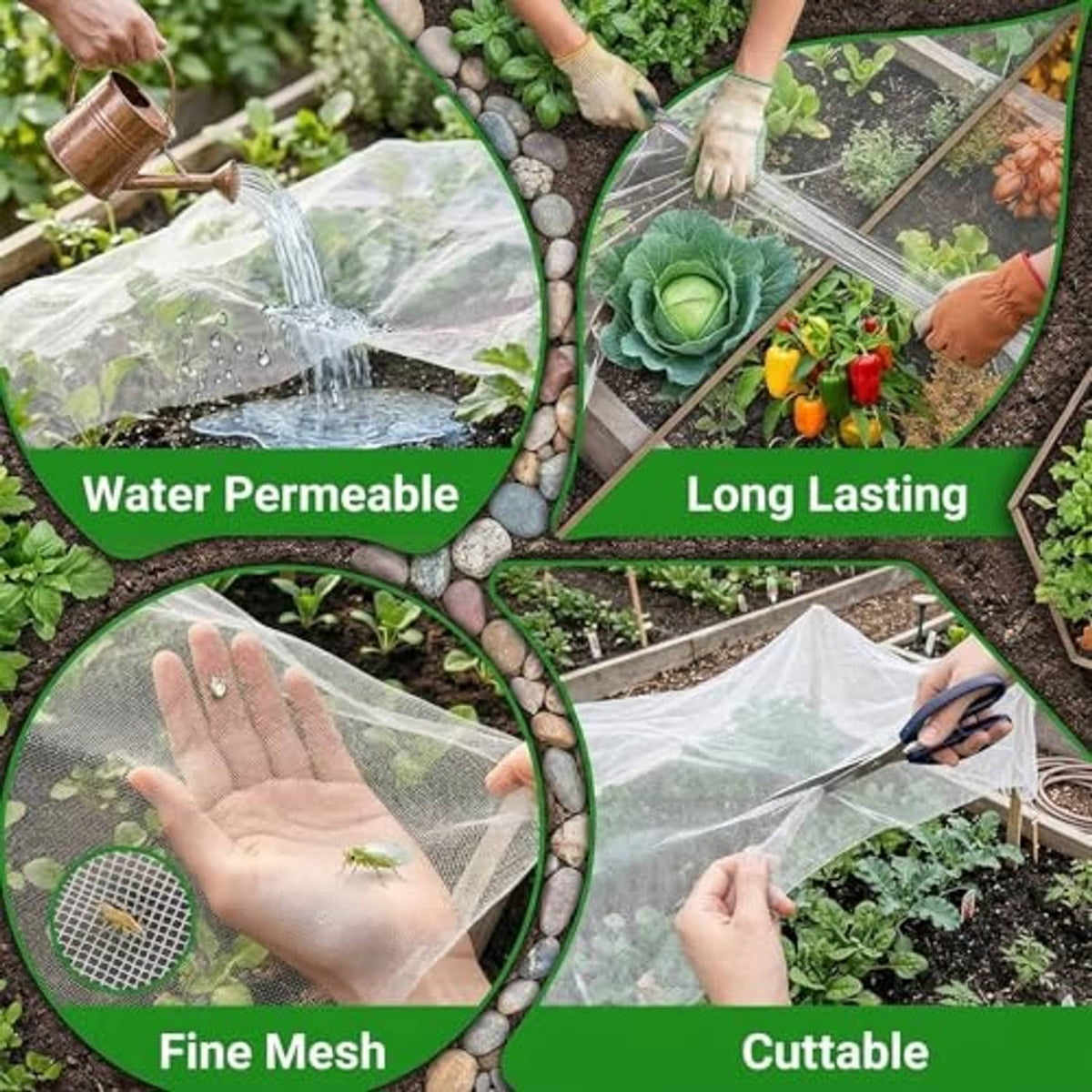 Clear fine-mesh garden netting cover with water droplets on the surface